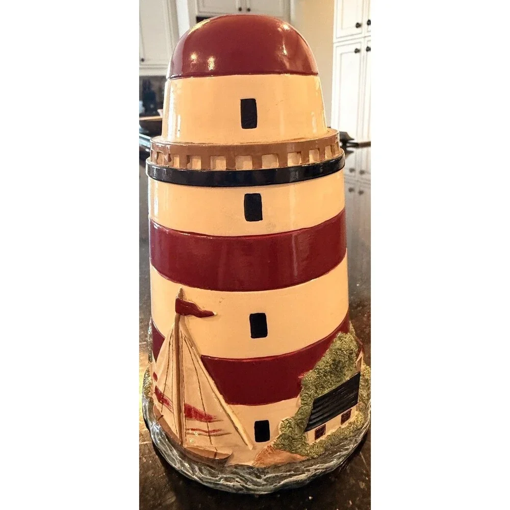 Lighthouse Soap Pump Bottle Cover Ceramic Nautical Red White Used Nautical